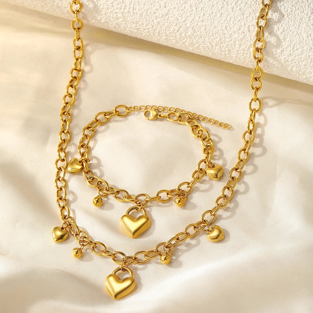 Elise Heart-Charm Necklace and Bracelet Set – Stainless Steel