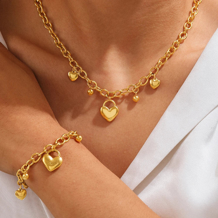 Elise Heart-Charm Necklace and Bracelet Set – Stainless Steel