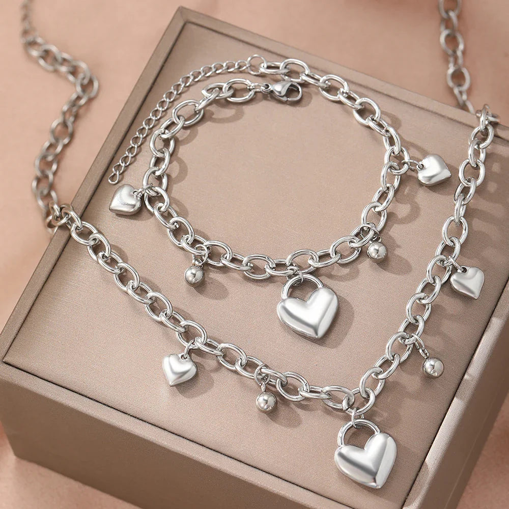 Elise Heart-Charm Necklace and Bracelet Set – Stainless Steel