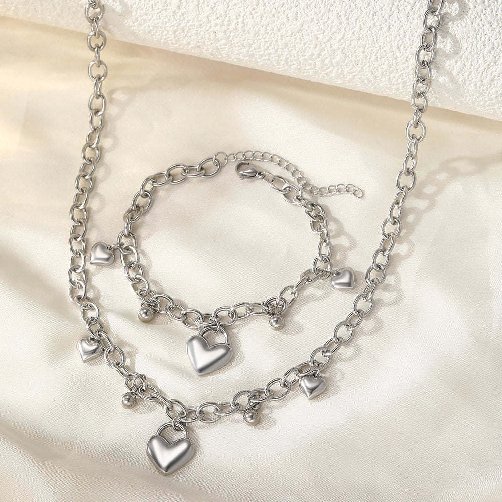 Elise Heart-Charm Necklace and Bracelet Set – Stainless Steel
