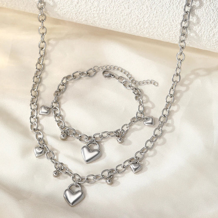 Elise Heart-Charm Necklace and Bracelet Set – Stainless Steel