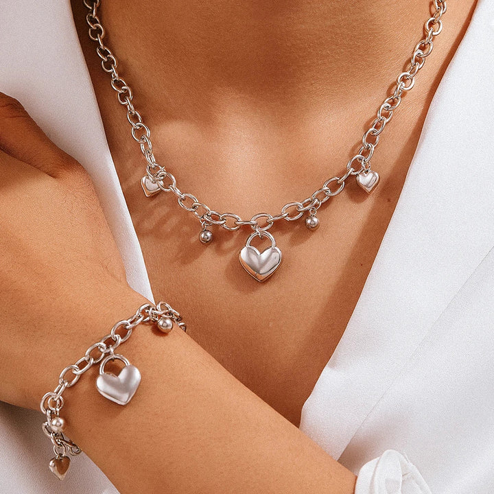 Elise Heart-Charm Necklace and Bracelet Set – Stainless Steel