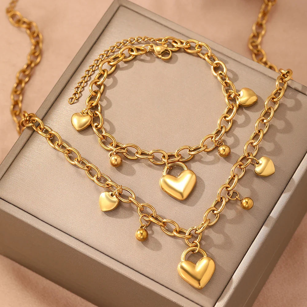 Elise Heart-Charm Necklace and Bracelet Set – Stainless Steel